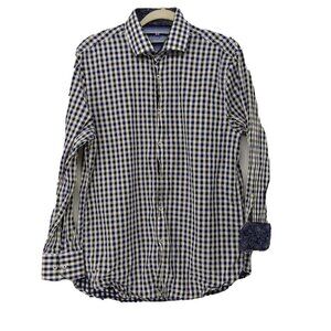 Michelsons London Button Shirt Mens Large Flip Cuff Paisley Blue Check Plaid